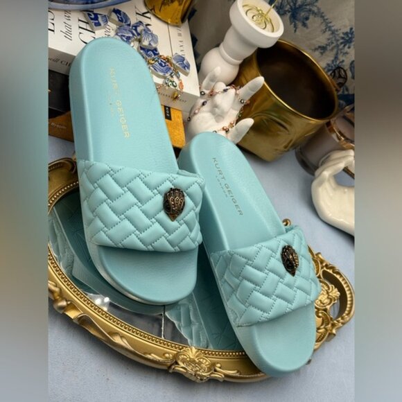 🆕 KURT GEIGER LONDON 🧿 NWOB Meena Eagle Quilted Slides, Blue - Sz EU 37 US 7 - Picture 9 of 14